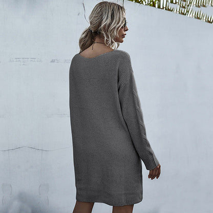 Damen Strickkleid V-Ausschnitt Knöpfe Norvielle