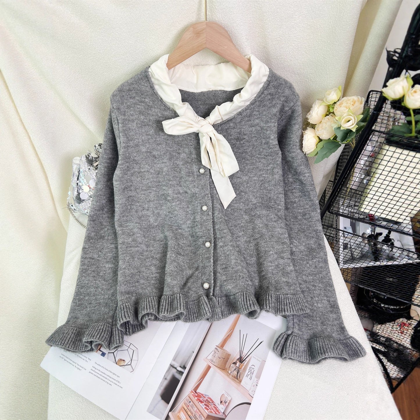 Damen Strickjacke Elegantes Design Rüschen Schleifenkragen Norvielle