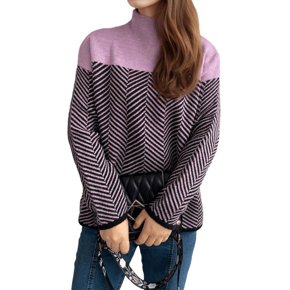 Damen Rollkragenpullover Fischgrätenmuster Elastisch Beige
