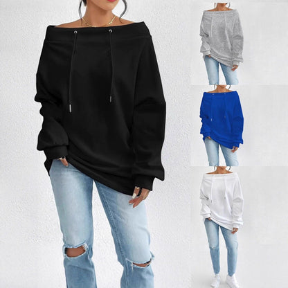 Damen Oversized Pullover Offener Kragen Kordelzug Beige - Norvielle