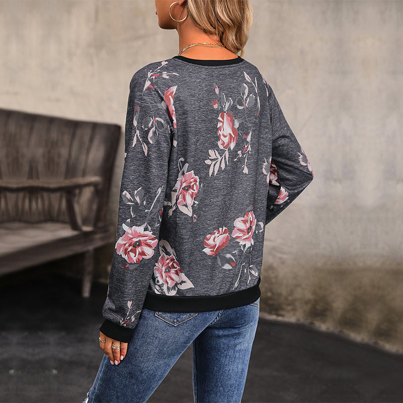 Damen Sweatshirt Blumenmuster Knöpfe Norvielle