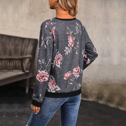 Damen Sweatshirt Blumenmuster Knöpfe Norvielle