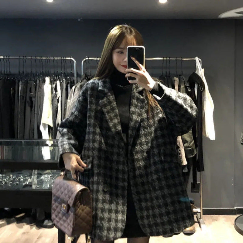 Damen Oversized Karomantel Doppelter Knopfleiste Norvielle