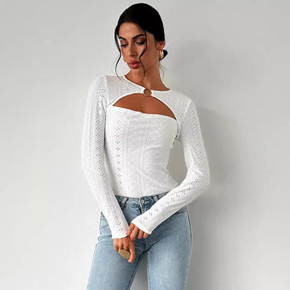 Damen Langarmshirt Baumwolle Dekorativ Cut-Out-Details Weiß - Norvielle