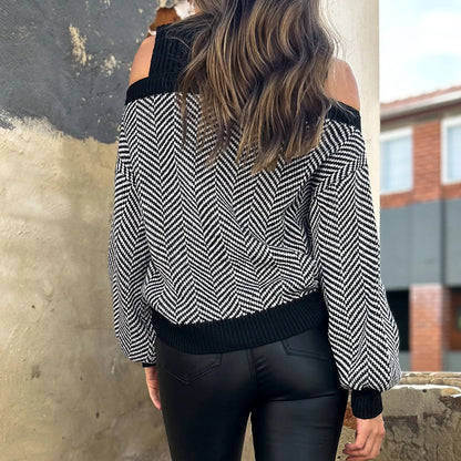 Damen Pullover Schulterauschnitt Zickzackmuster Norvielle