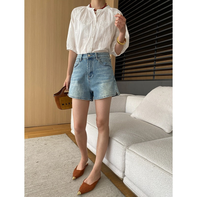 Damen Denim-Shorts Hochbund Weites Bein
