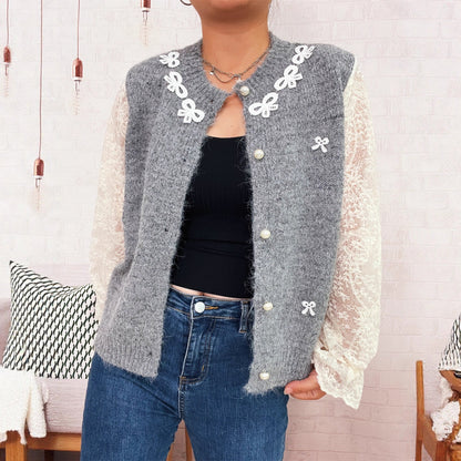 Damen Strickjacke Elegante Spitze Perlknöpfe Norvielle