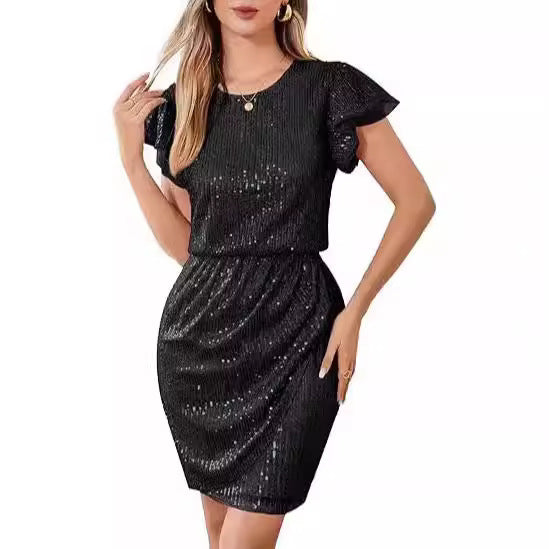 Damen Cocktailkleid Pailletten Voluminöse Rüschenärmel Norvielle