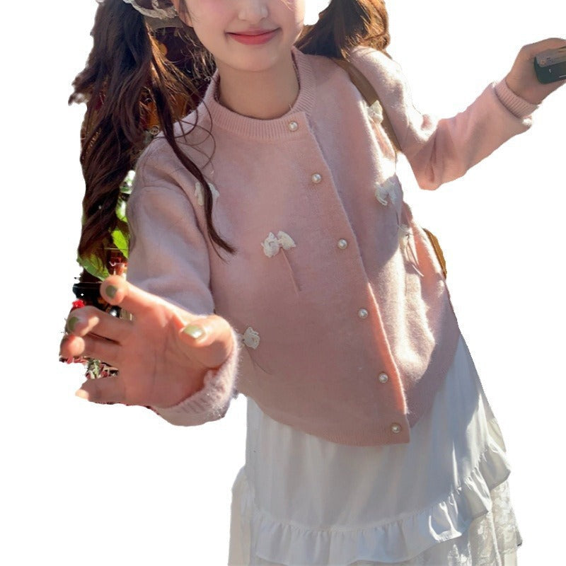 Damen Strickjacke Kawaii mit Schleifen und Perlen Norvielle