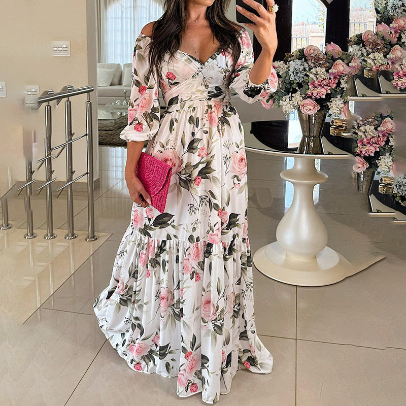 Damen Maxikleid Schulterfrei Floralmuster Rüschensaum Norvielle