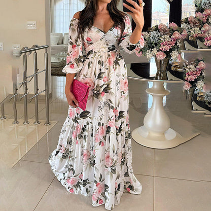 Damen Maxikleid Schulterfrei Floralmuster Rüschensaum Norvielle