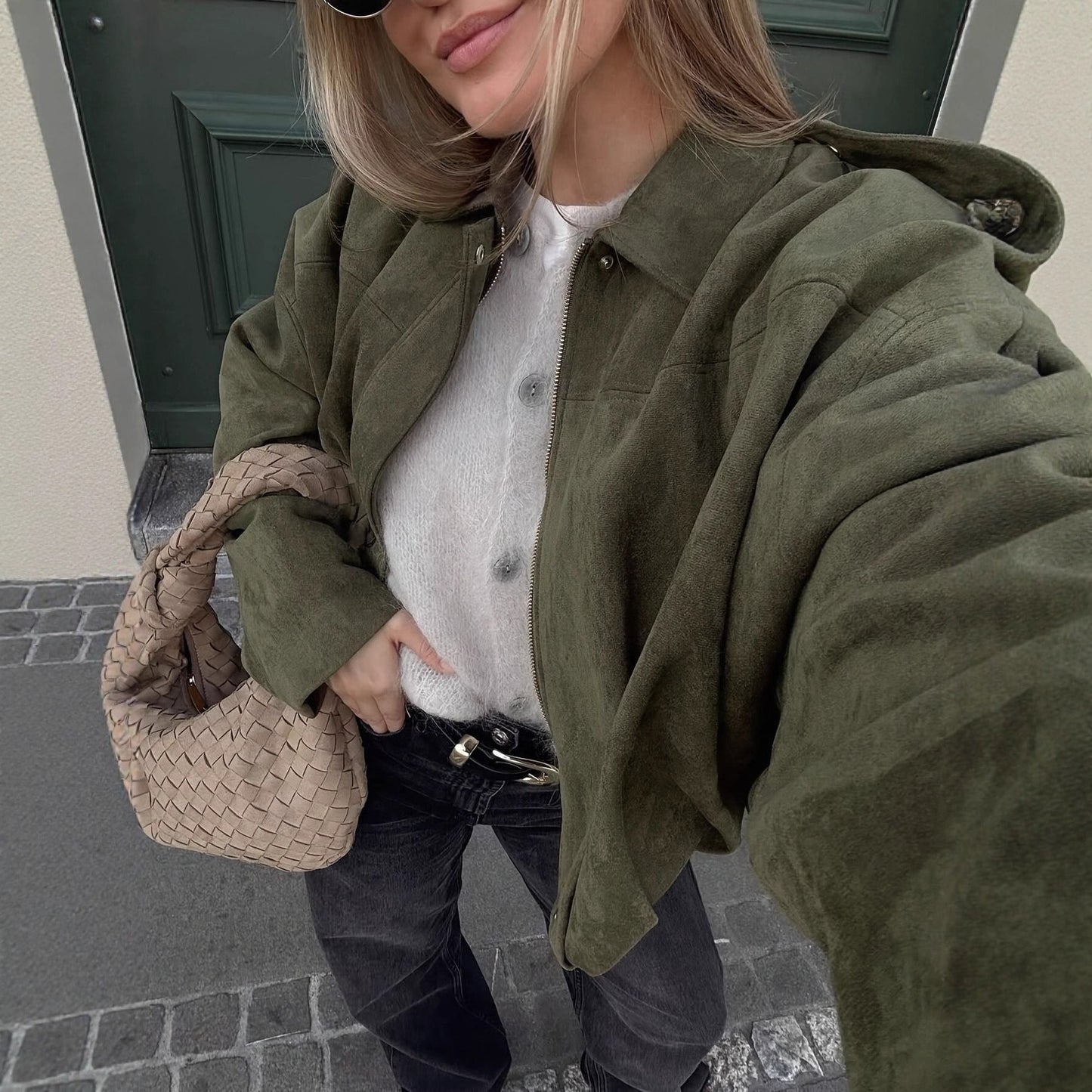 Damen Oversized Jacke Weiches Wildlederimitat