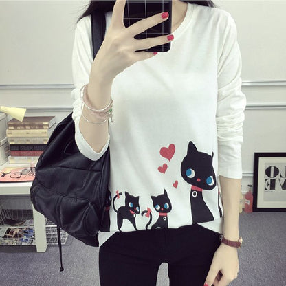 Damen Langarm-T-Shirt Katzenmotiv Baumwolle Weiß