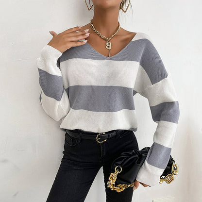 Damen Strickpullover V-Ausschnitt Blockstreifen Norvielle