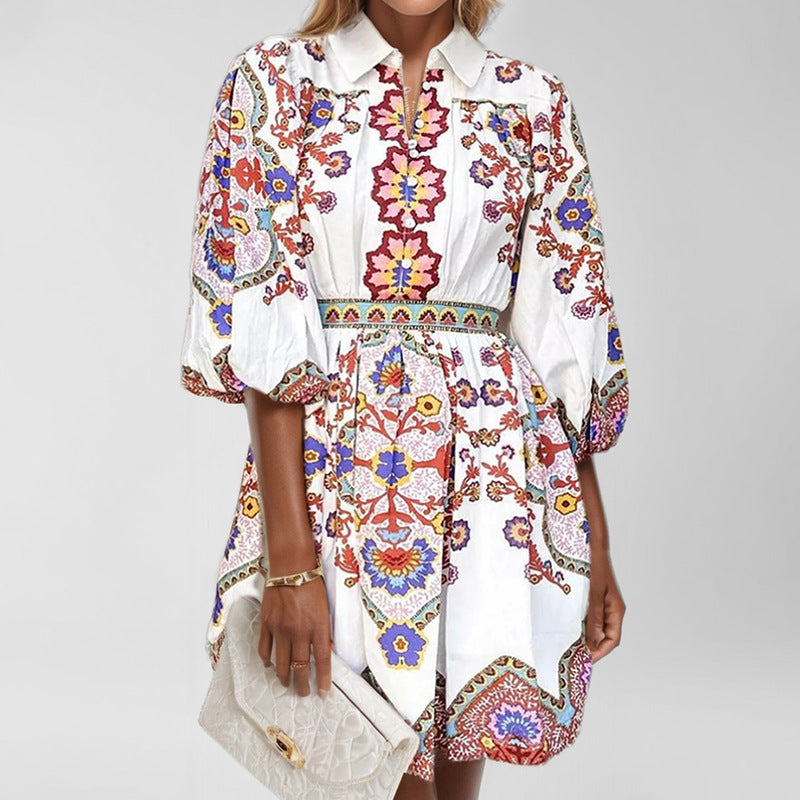 Damen Blusenkleid mit Floralmuster und Raffärmeln