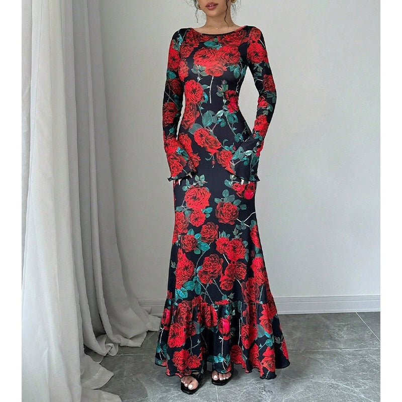 Damen Maxikleid mit Rüschendetails Langarm Floral