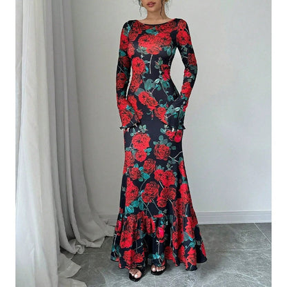 Damen Maxikleid mit Rüschendetails Langarm Floral
