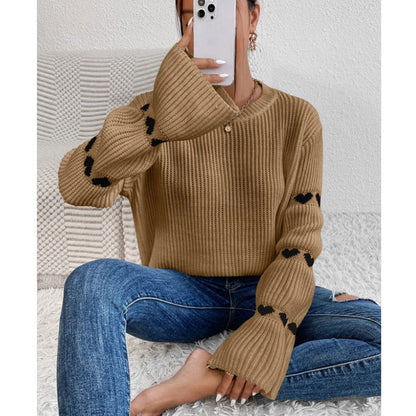 Damen Strickpullover Weite Ärmel Herz Applikationen Norvielle