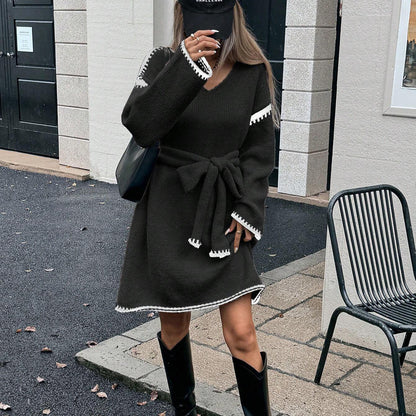 Damen Strickkleid Gürtel V-Ausschnitt Norvielle