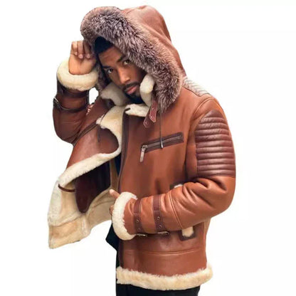 Herren Winterjacke Relaxed Fit Lederoptik Fellgefüttert