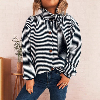 Damen Strickcardigan Gestreift Mit Hochem Kragen Dekorative Knöpfe