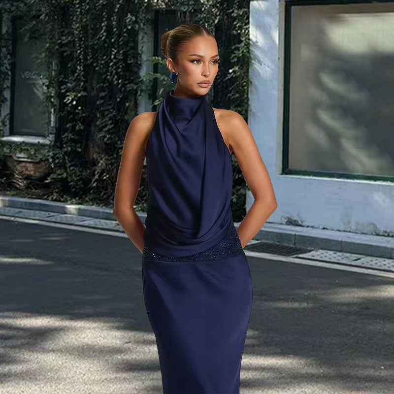 Damen Abendkleid mit Wasserfall-Ausschnitt und Drapierung Norvielle