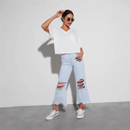 Damen Destroyed Jeans Weites Bein Rissig Norvielle