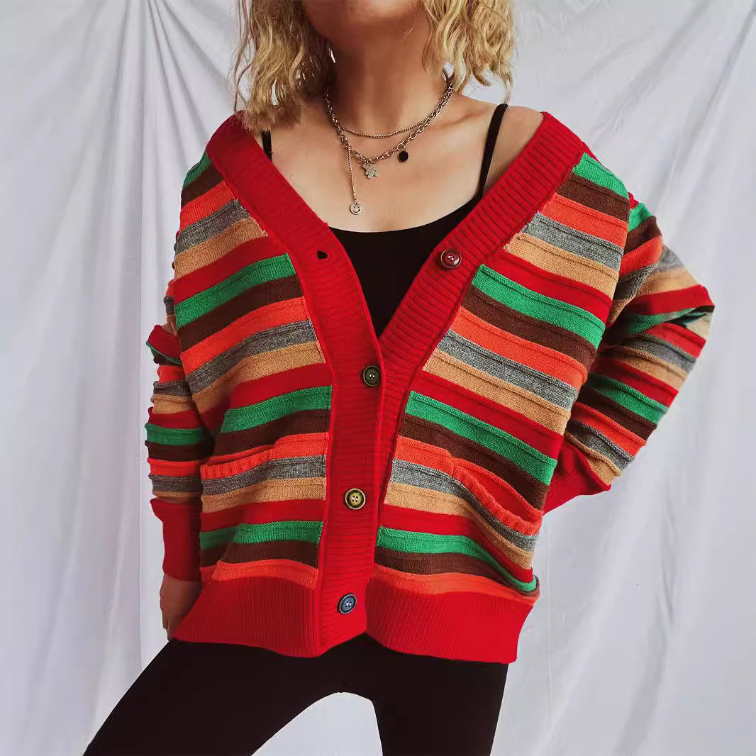 Damen Strickjacke Bunt Streifenmuster Locker Norvielle - Norvielle