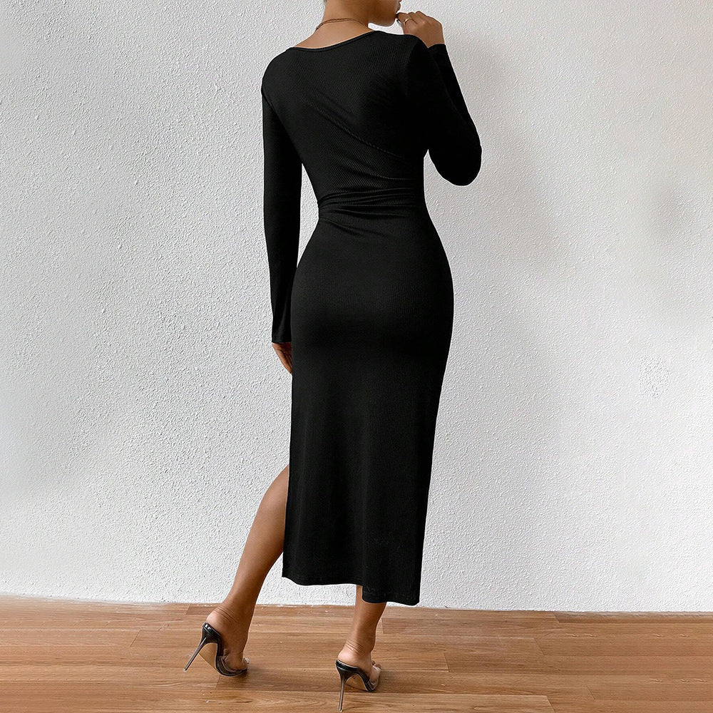 Damen Langarm-Rippkleid mit Kordelzug Norvielle