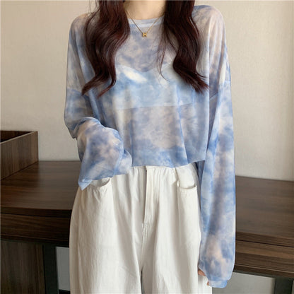 Damen Longsleeve-Oberteil Transparent Tie-Dye-Muster