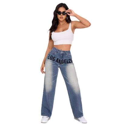 Damen Weite Jeans Mit Stylischem Schriftzug Norvielle