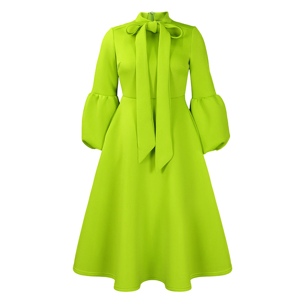 Damen Midi-Kleid Längere Puffärmel Elegante Schleife