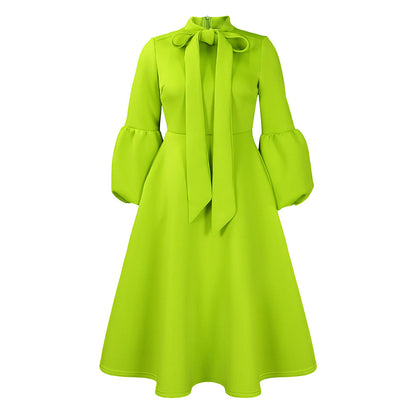 Damen Midi-Kleid Längere Puffärmel Elegante Schleife