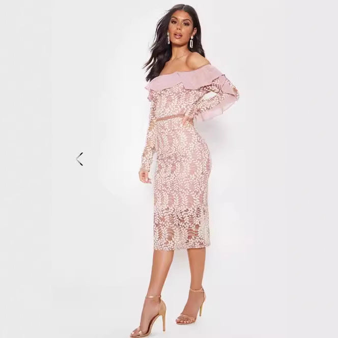 Damen Spitzenkleid Off-Shoulder Rüschendetails Figurbetont
