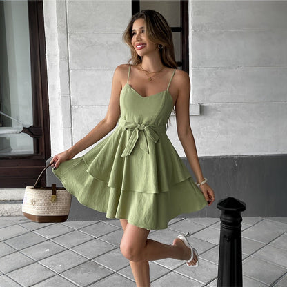 Damen Trägerkleid Gestufte Rüschen Bindbarer Gürtel - Norvielle