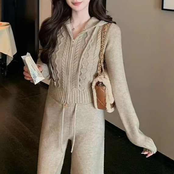 Damen Strickjacke Zopfmuster Mit Reißverschluss Beige