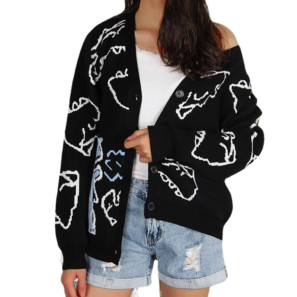 Damen Strickjacke Gemustert Dinosaurier Motiv Norvielle