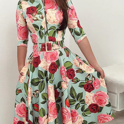 Damen Midikleid Floralmuster Mit Taillengürtel - Norvielle