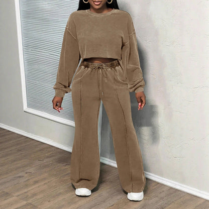 Damen Crop- und Hose Set Baumwolle Beige