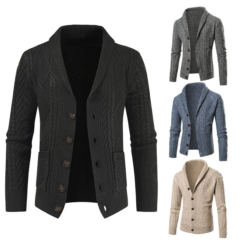 Herren Strickcardigan Modernes Zopfmuster Aufgesetzte Taschen Beige