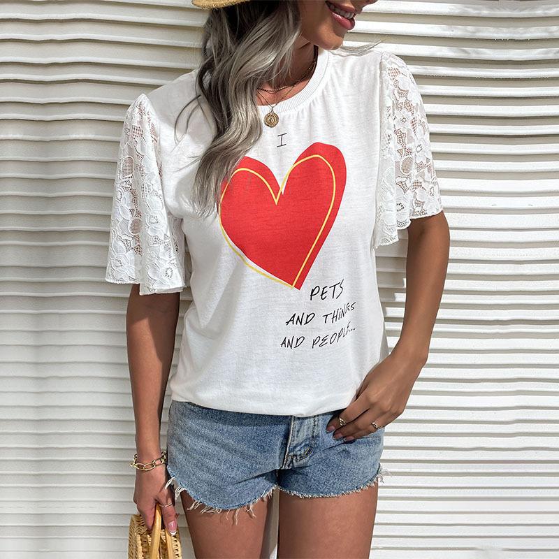 Damen T-Shirt Spitzenärmel Herz-Print