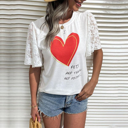 Damen T-Shirt Spitzenärmel Herz-Print