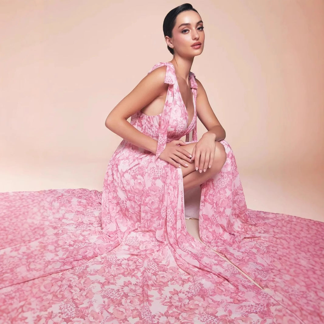 Damen Maxikleid Romantisch Floralmuster Tiefes Dekolleté