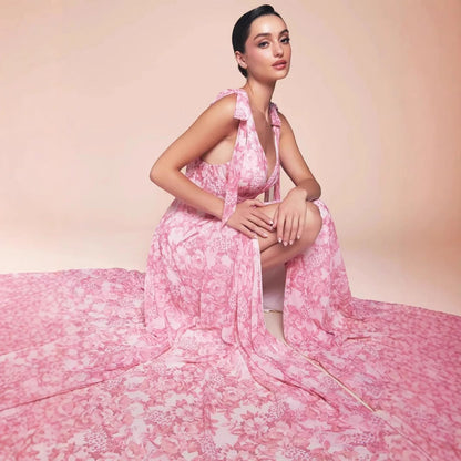 Damen Maxikleid Romantisch Floralmuster Tiefes Dekolleté