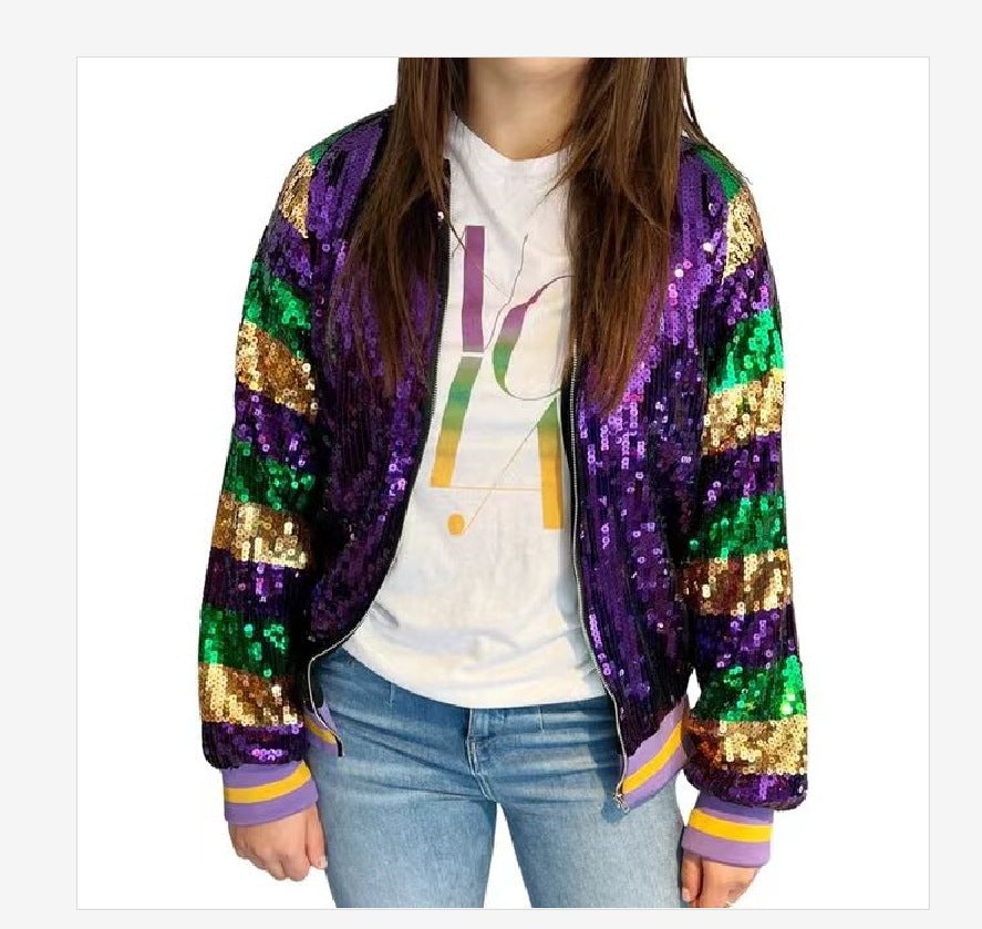 Damen Glitzerjacke Multicolore Pailletten Bomberjacke