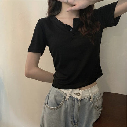 Damen Kurzarm Henley-Shirt Baumwolle Norvielle
