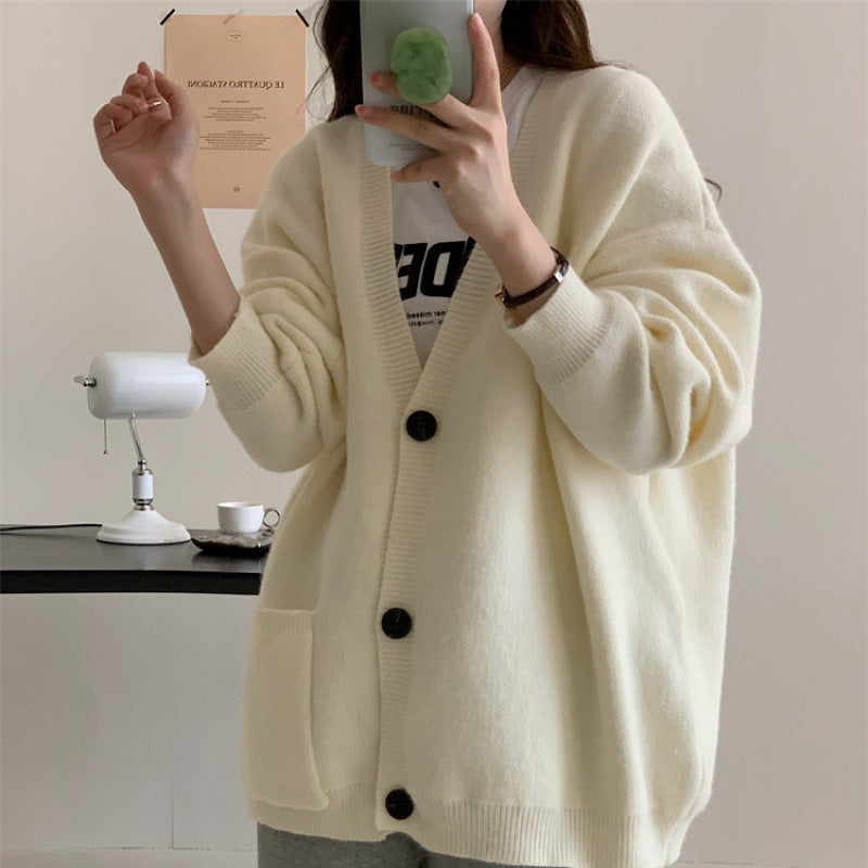 Damen Strickjacke Oversized V-Ausschnitt mit Taschen Beige