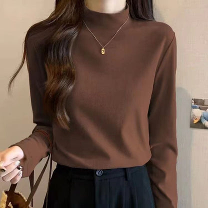 Damen Langarmshirt Hochgeschlossener Kragen Feine Struktur Beige