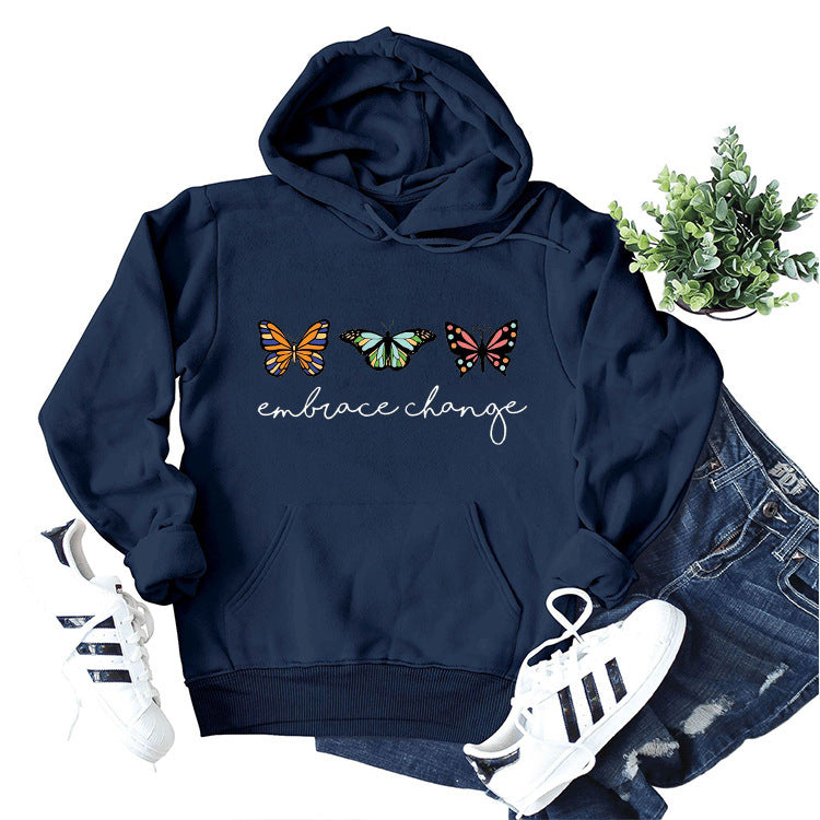 Damen Kapuzenpullover Schmetterlingsmotiv Baumwolle Weiss