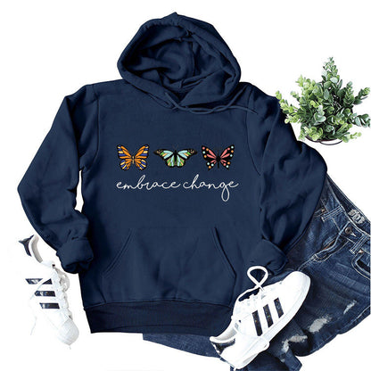 Damen Kapuzenpullover Schmetterlingsmotiv Baumwolle Weiss